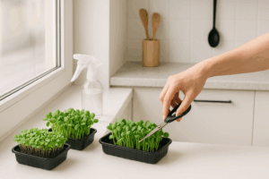 Micro-pousses maison sur le rebord d’une fenêtre de cuisine