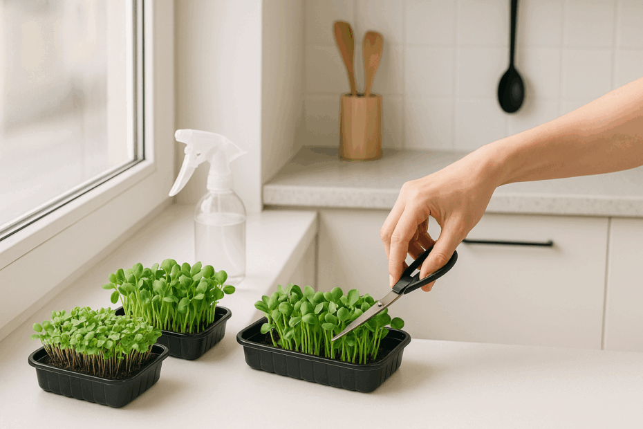 Micro-pousses maison sur le rebord d’une fenêtre de cuisine