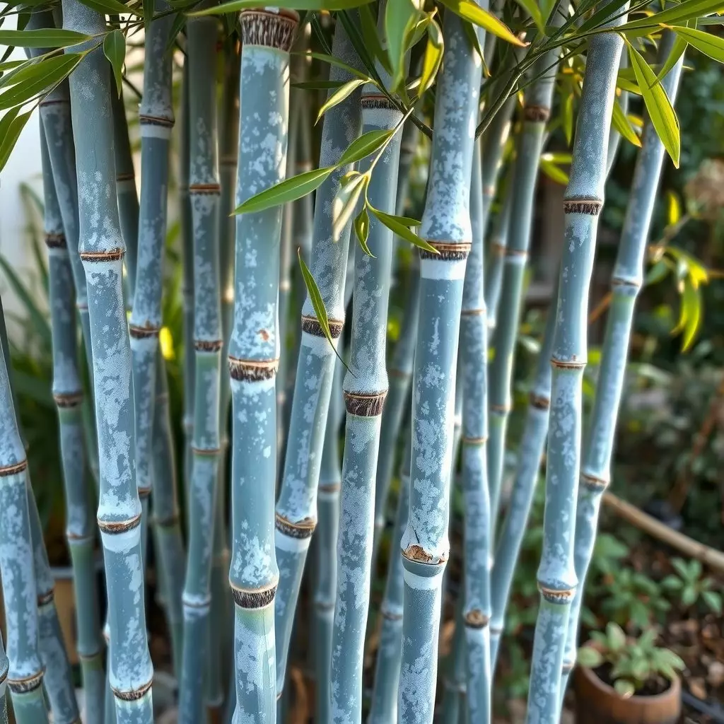 Touffe de bambou aux jeunes cannes bleu-gris couvertes d'une cire poudrée, avec un anneau blanc sous chaque nœud et un feuillage vert étroit (image d'illustration générée)