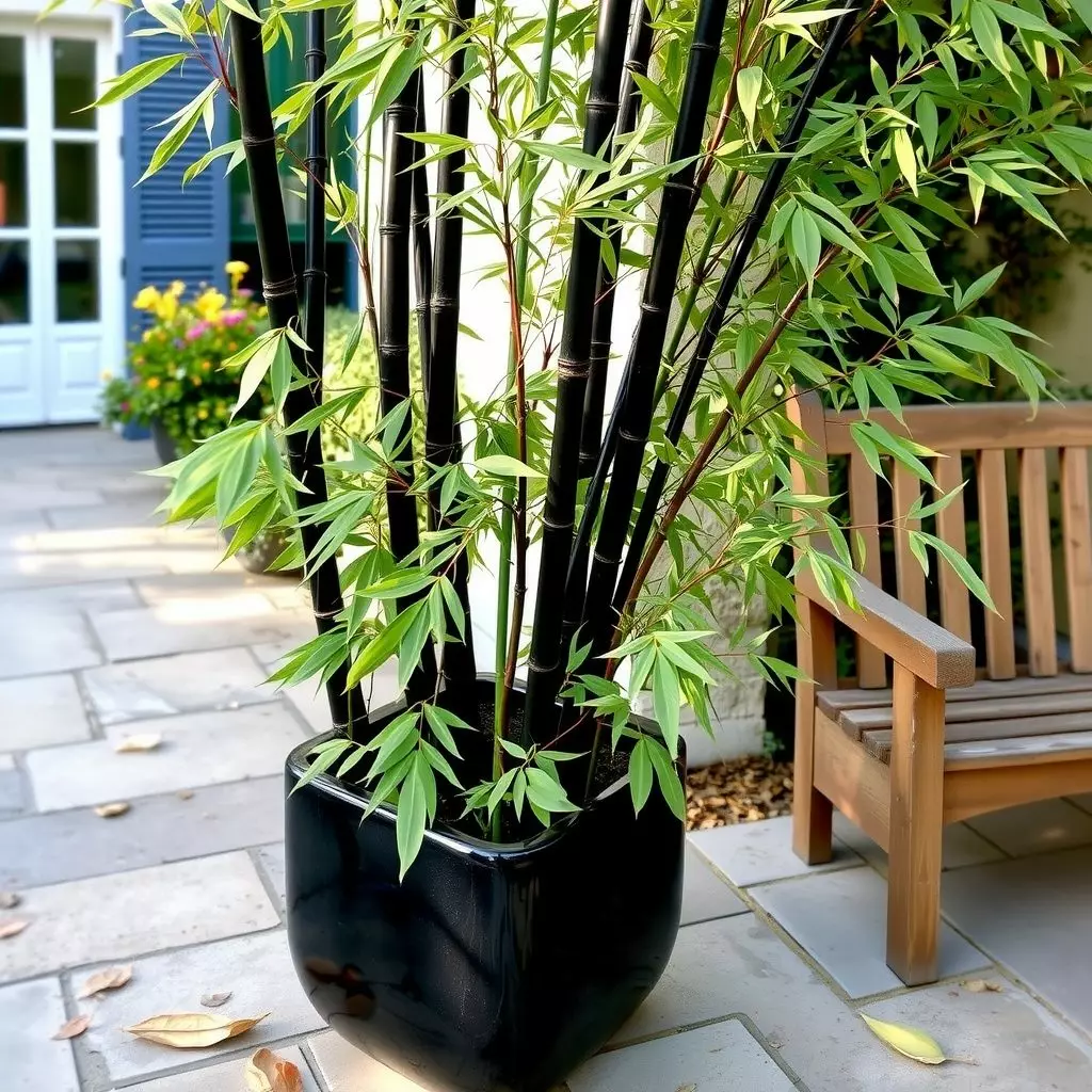 Bambou noir aux cannes sombres planté dans un grand pot noir sur une terrasse dallée, à côté d'un banc en bois, quelques feuilles mortes au sol (image d'illustration générée)
