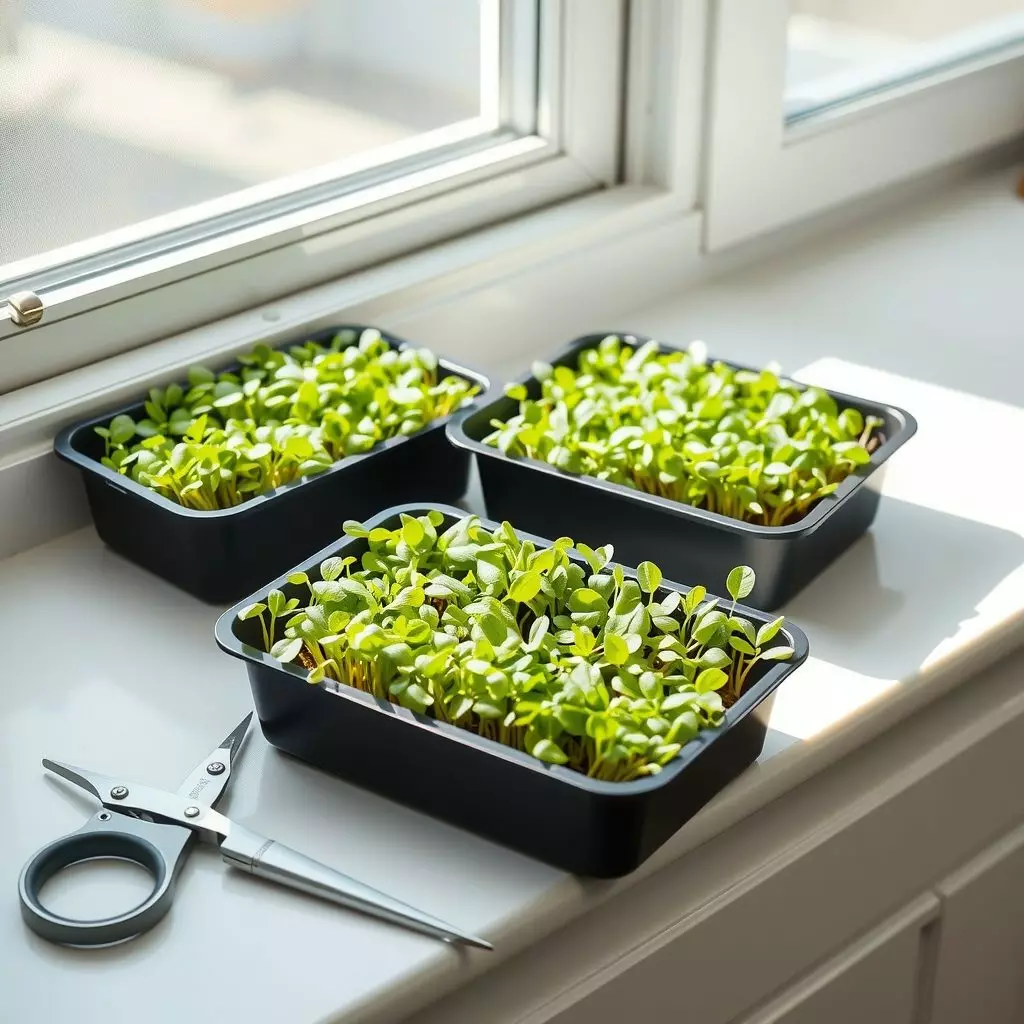 Barquettes de micro-pousses sur un rebord de fenêtre, avec une paire de ciseaux (image générée par IA)